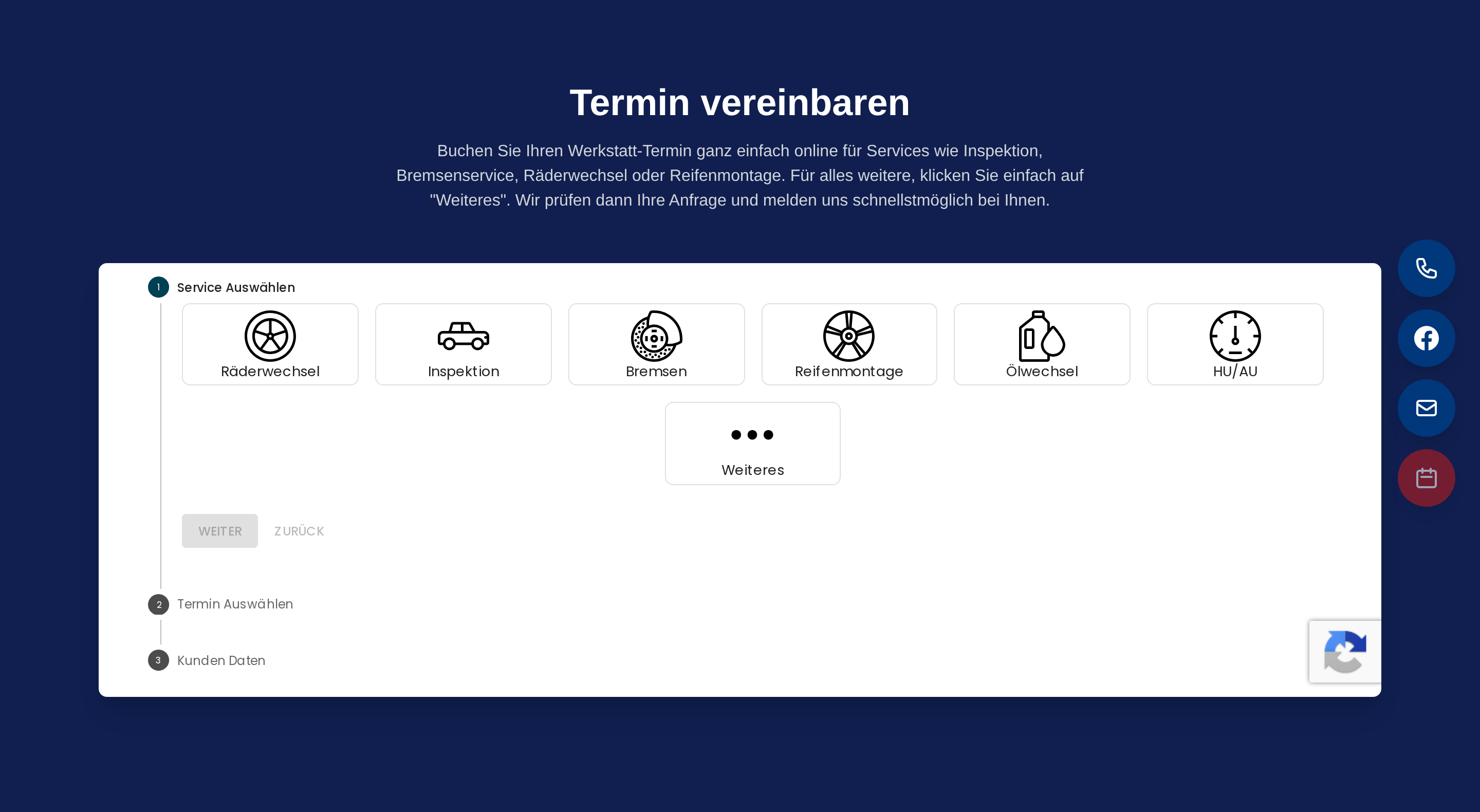 Buchungsseite einer Werkstatt-Website: Service wählen, Termin wählen, Kundendaten