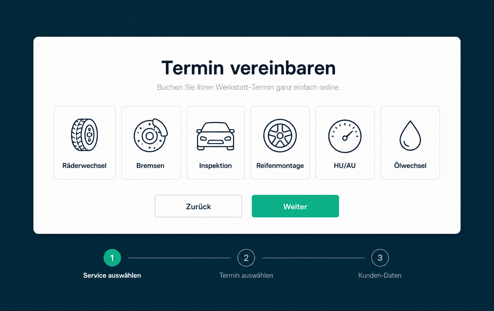Online-Terminbuchung: Kunde wählt Service wie Räderwechsel, Bremsen oder Inspektion