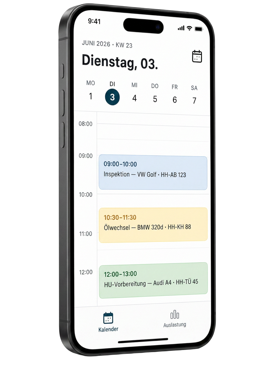 Mobile Werkstatt App auf dem Smartphone mit Tagesplan