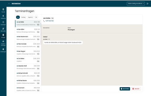 Terminanfragen-Inbox mit Kundenliste und Details zum Anliegen